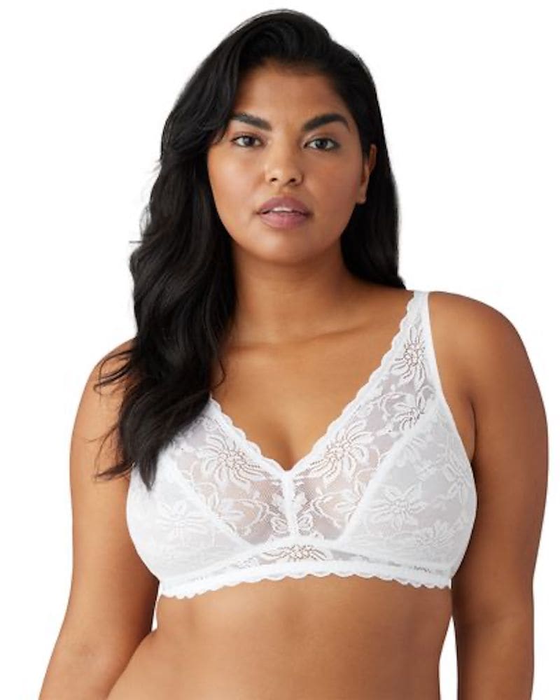 Front of a model wearing a size X Large Soft Sense Bralette in White by Wacoal. | dia_product_style_image_id:304085
